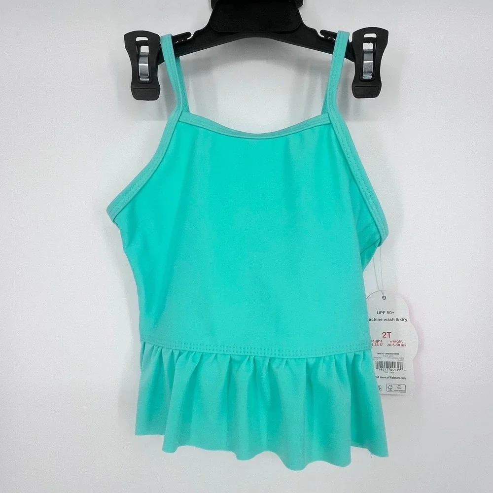 NWT Wonder Nation Tankini Swimsuit Set Girls 2T Aqua‎ Mint Ruffle UPF 50+